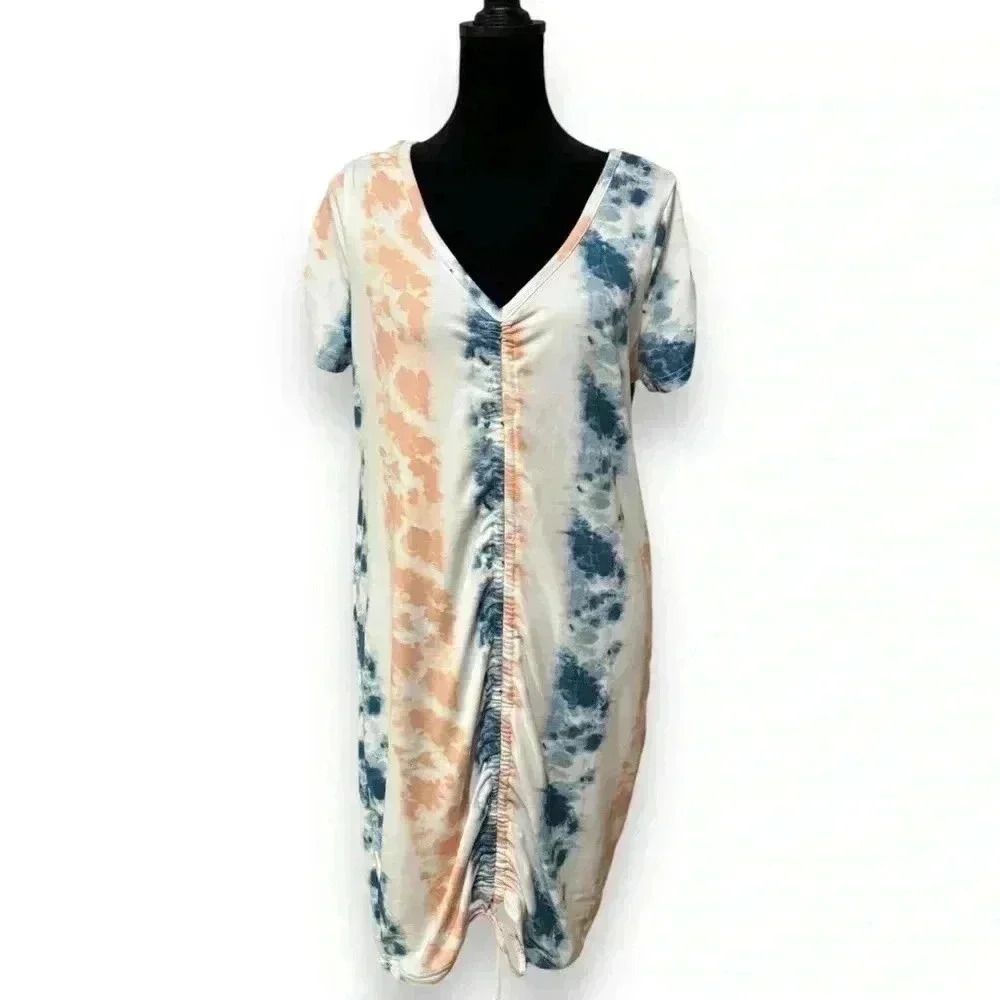 Full Circle Trends Knee Length Teal/Peach/White Tie Dye Rouched T-Shirt dress XL - Picture 10 of 14